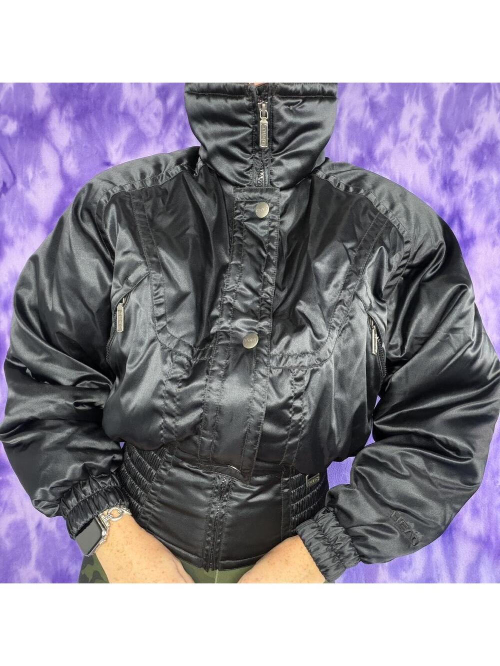 Head skiwear black satin puffer crop coat with cinched waist